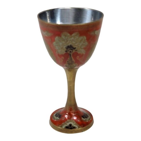 Vintage Enamel Hand Painted Etched Brass Cloisonne Peacock Wine Goblet India Red - Picture 4 of 8